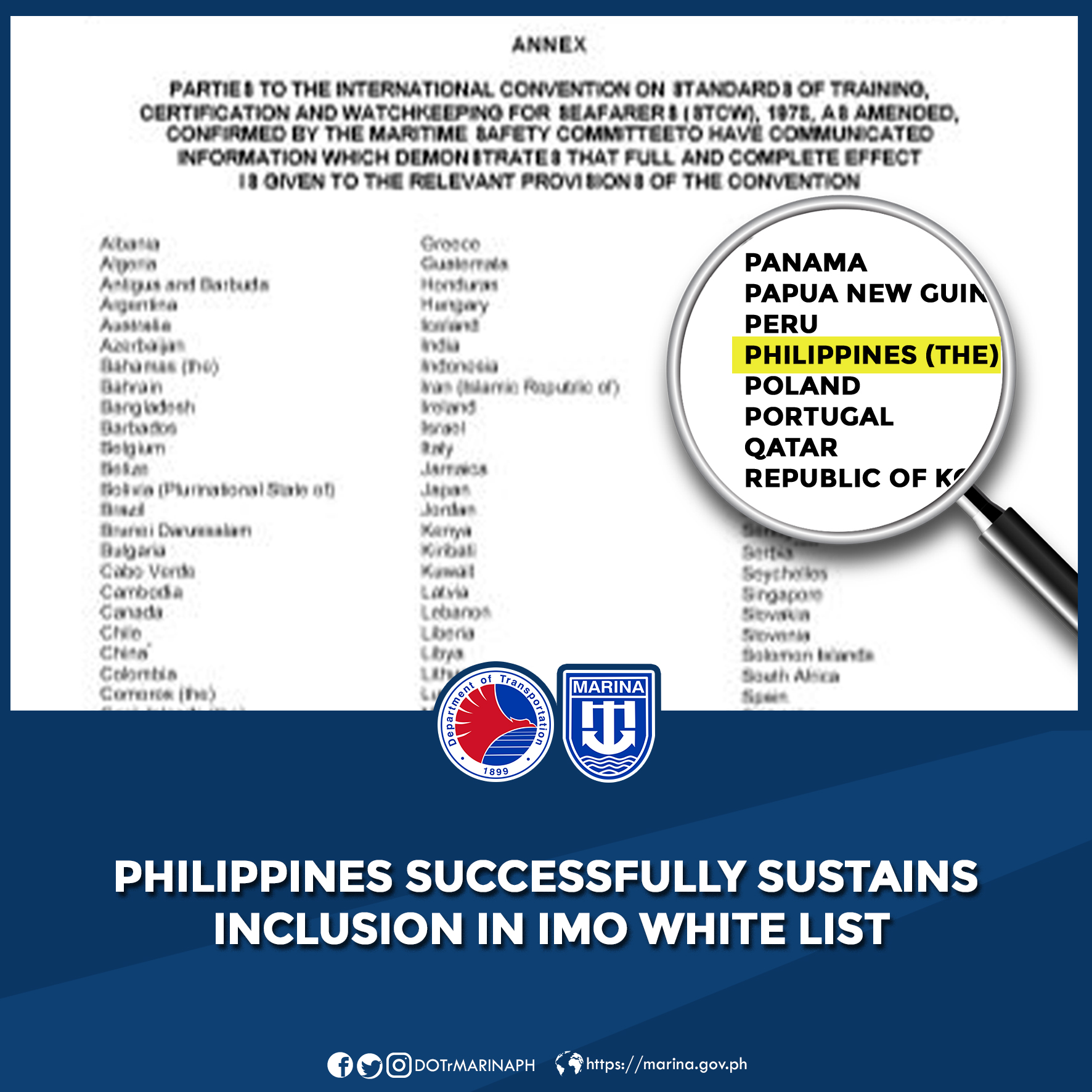 PHILIPPINES SUCCESSFULLY SUSTAINS INCLUSION IN IMO WHITE LIST