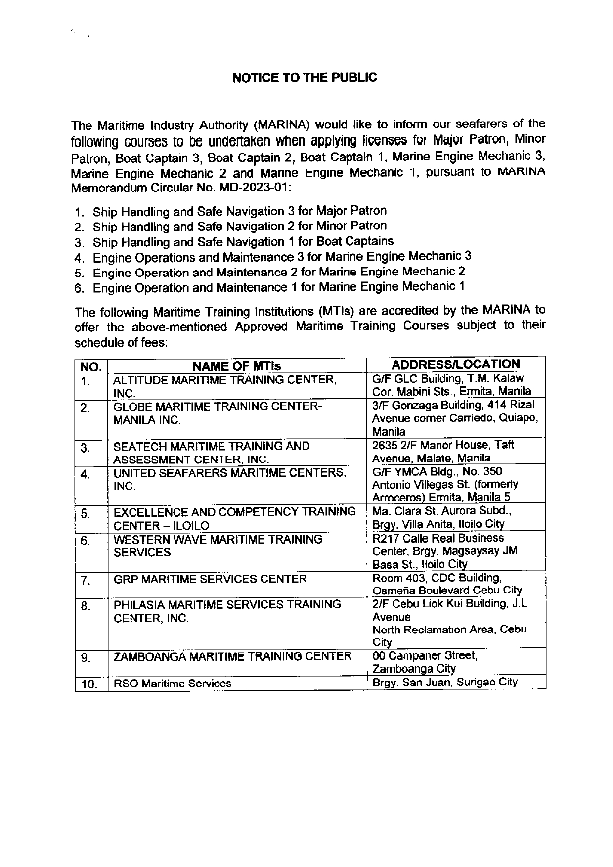 Notice to Public Approved Maritime Training Courses for Assessment_1